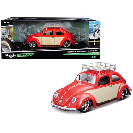 MAISTO 1951 Volkswagen Beetle with Roof Rack Orange Red Classic Muscle 1-18 Diecast Model Car 32614r